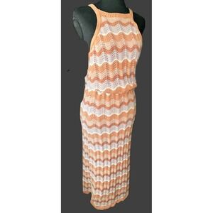 Heartloom Crochet Knit Halter Maxi Dress Orange Chevron Pointelle Cotton Medium